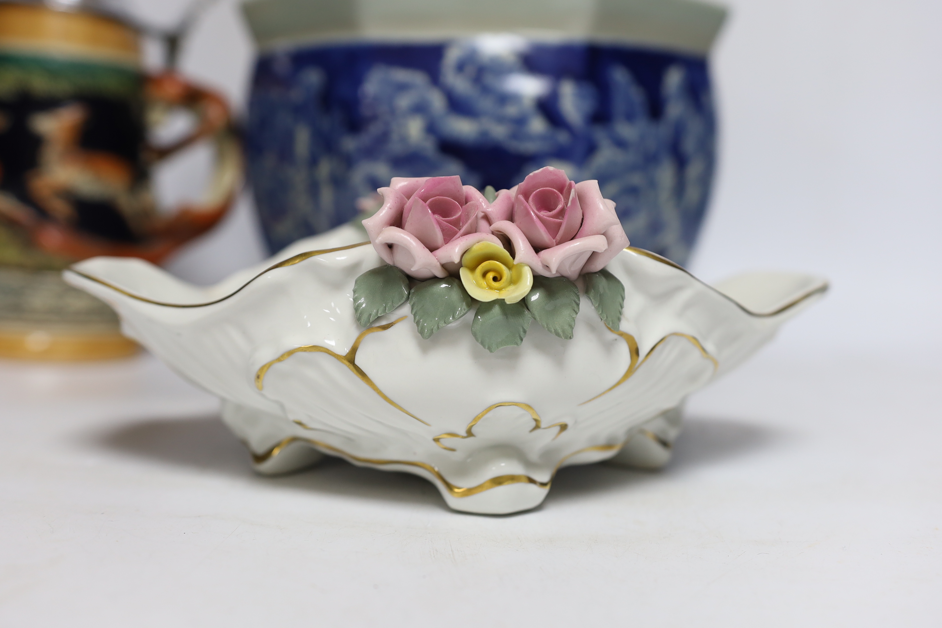 Three Sadler pottery teapots, a blue and white Chinese jardiniere, etc. (8)